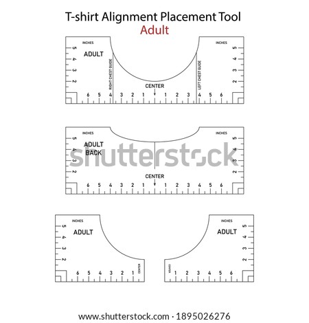 T shirt Ruler Vector Bundle. T-shirt Alignment Placement Tool Adult - front, back, left and right sides. Printable templates. Stock illustration.