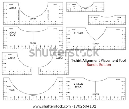 T shirt Ruler Vector Mega Bundle. T-shirt Alignment Placement Tool Adult, V-Neck, Youth - front, back, left and right sides. Printable templates. Set for Crafters. Stock illustration