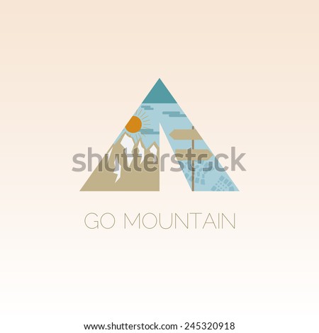 Mountain camp logo design template. Adventure symbol vector concept. Tent with landscape. Unique icon idea for recreation theme. Vector illustration.
