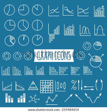 Business graphs and charts. Set of thin line graph icons, stats symbols, arrows, pies. Outline design. Can be used as elements in infographics, logo design, badge, label, projects. Vector illustration