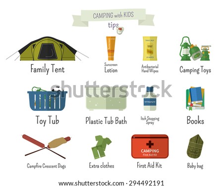 Camping with kids. Tips. Set of flat adventure traveling elements and symbols with text signs. Summer Outdoor design. Campsite and campground. Vector illustration