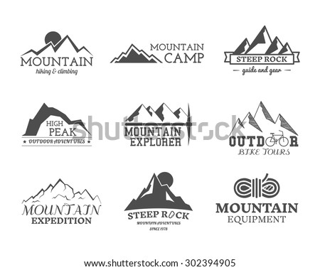 Set of monochrome outdoor adventure explorer camp badge, logo and label templates. Travel, hiking, climbing style. Best for adventure sites, travel magazine etc. Isolated on white background. Vector.