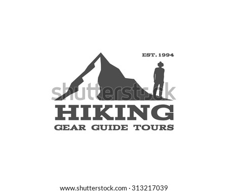 Outdoor, hiking, travel badge, label. Tourism emblem. Can be used as logo for camping shop, mountain equipment store, trekking club. Adventure logotype in monochrome design. Vector illustration