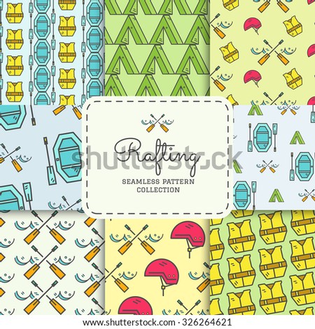 Rafting equipment seamless pattern collection. Outdoors style, thin line color design. Stylish elements for web, mobile applications, banners, flyers, posters, brochures. Boat, life jacket. Vector.