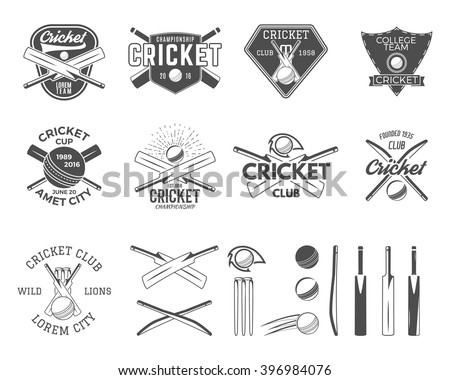 Set of cricket logo templates. Sports emblems and equipment elements. Easy to create own badge. Use for tee designs, web or t-shirt. Monochrome style, isolated on white background