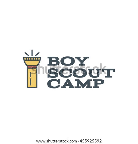 Boy scout camp logo design with typography and travel element - flashlight. Vector text. Hiking trail, backpacking symbols in retro flat colors. Nice for prints, tee design.