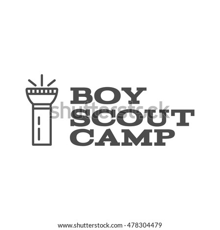 Boy scout camp logo design with typography and travel element - flashlight. Vector text. Hiking trail, backpacking symbols in monochrome design. Nice for prints, tee design.