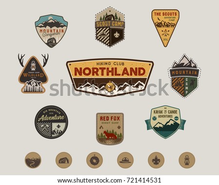 Travel badges collection. Scout camp emblem set and hiking stickers, icons. Vintage hand drawn designs. Stock vector illustration, insignias, rustic patches. Isolated