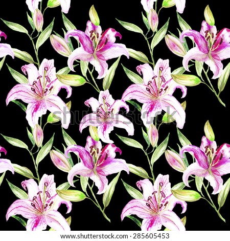 Lily in the summer garden. watercolor art. pattern