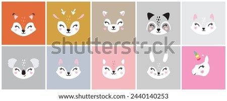 Cartoon cute baby animals for baby card, baby shower invitation. Vector illustration. Deer,cat, bunny,koala, llama, alpaca, raccoon,fox, unicorn, wolf. For printing on fabric, postcard, wrapping paper