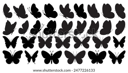 Set of black butterflies isolated on white background, collection of silhouettes. Butterfly black color, flying shape, vector design. Abstract modern monarch butterfly contours for decoration desig