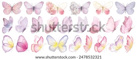 Butterfly collection. Watercolor illustration. Colorful Butterflies clipart set. Baby shower design elements. Party invitation, birthday celebration. Spring, summer decoration. Pink yellow red flowers