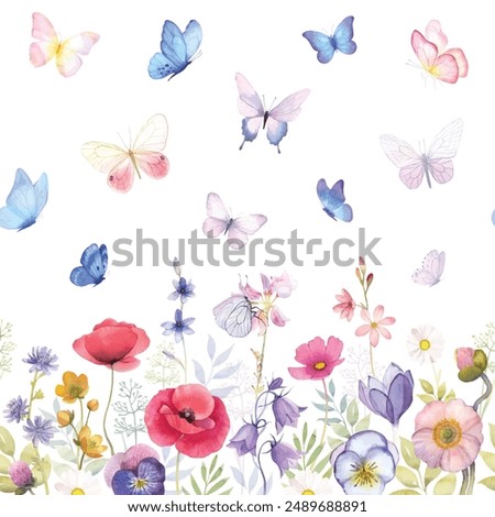 Meadow flowers seamless pattern,  watercolor illustration flower summer field butterfly ladybird bugs herbal kitchen towel romantic bud wildflower kitchen towel tablecloth dress for girls crib bumpers