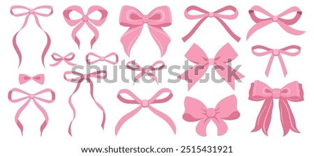 Simple hand drawn pink ribbon bow collection. Bowknot for decoration, big set of pinky bowtie. Large retro hand drawn ribbon illustration set. Set of various cartoon bow knots, gentle gift ribbons