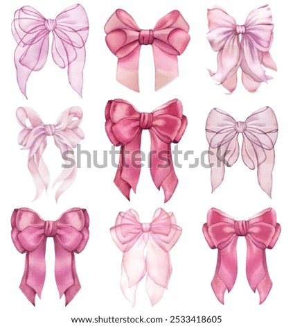 Set of trendy pink red coquette ribbon bow. Watercolor hand drawn illustration isolated, white background. Soft pastel colors.Wedding invitation, party decoration, greeting card. Knot symbol. Vint