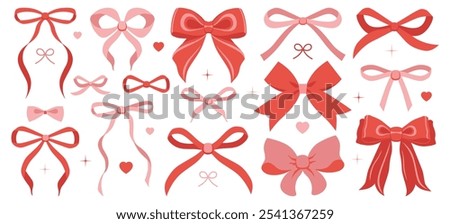 Set of various bows, gift ribbons. Bowknots hand drawn, flat style. Fashionable vector illustration. Hair accessories. Bow knots for gift wrapping. Gift bows, magic bow illustration.Celebration, party