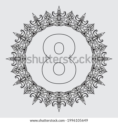 Number 8 with frame mandala coloring book page
