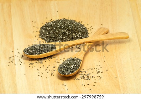 two wooden spoon of chia seed with blurry pile of seed as background