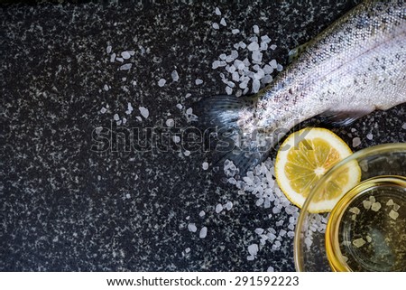 Delicious fresh raw fish on dark granite cutting board with lemon, salt and olive oil. Vintage food background