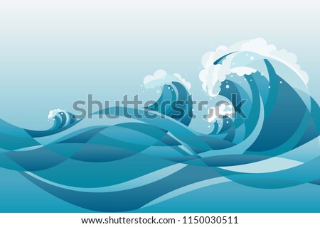 high tide water waves Background. illustration of waves in the rising blue sea, with white background.