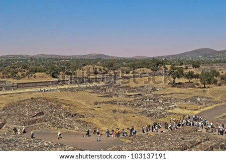 View from Pyramid of the Sun in the city of Teotihuacan in Mexico