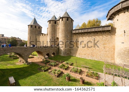 Carcassonne, France - November 2: Tourists in the medieval city of Carcassonne, France on November 2, 2013. Carcassonne medieval city is UNESCO World Heritage site.