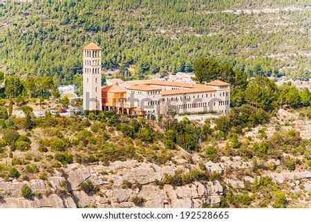 Aerial view at Saint Benedict Monastery. It is a workplace, prayer and reception open to anyone interested in the middle of the mountains of Montserrat near Barcelona, Spain