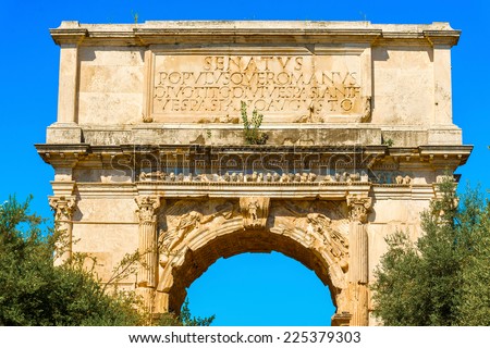 The Arch of Titus is a 1st-century honorific arch, located on the Via Sacra, Rome, just to the south-east of the Roman Forum