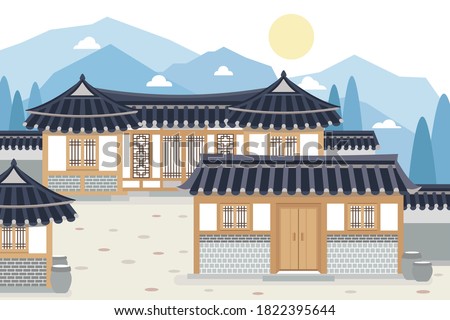 Vector illustration of Korean traditional village, hanok village