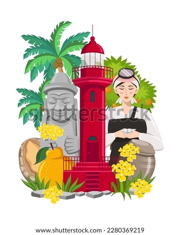 Vector of Jeju Island landmarks illustration. Dol Hareubang (stone grandfather), hallabong, haenyeo (female diver), abalone, kimchi jar, lighthouse, tangerine, and canola flowers.