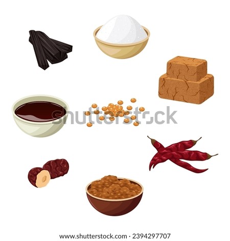Illustration of Ganjang (Korean soy sauce) and Doenjang (Korean soybean paste) recipe ingredients. Soybean, salt, dried red pepper, charcoal, jujube, and meju.