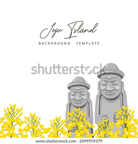 Jeju island background template with Dol hareubang and canola flowers.