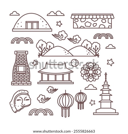 Gyeongju outline icon elements.  
Bulguksa, royal tomb, silla palace, cheomseongdae, seokgatap pagoda, smile of silla.