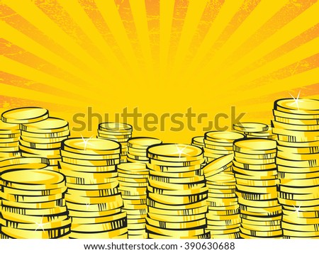 Golden money stacks. Gold coins. Retro vector illustration of the shining wealth. Lottery winning or business success concept. Pop art treasure image. Orange rays background