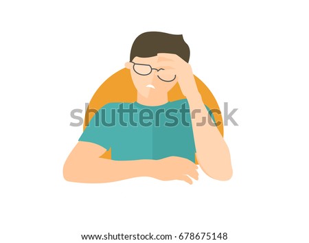 Handsome man in glasses depressed, sad, weak. Flat design icon. Boy with feeble depression emotion. Simply editable isolated on white vector sign