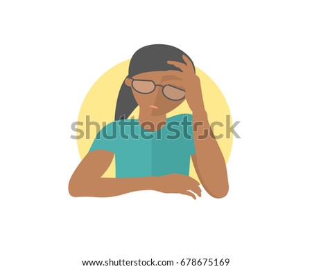 Pretty black girl in glasses depressed, sad, weak. Flat design icon. woman with feeble depression emotion. Simply editable isolated on white vector sign