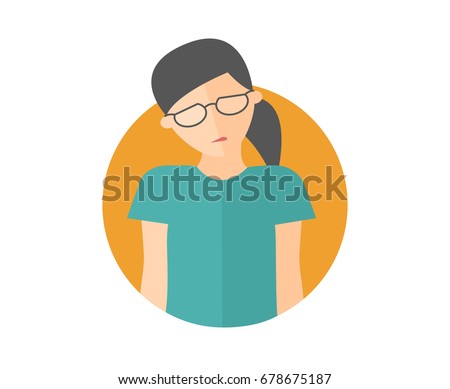 Weak, sad, depressed pretty girl in glasses. Flat design icon. Woman with feeble depression emotion. Simply editable isolated on white vector sign