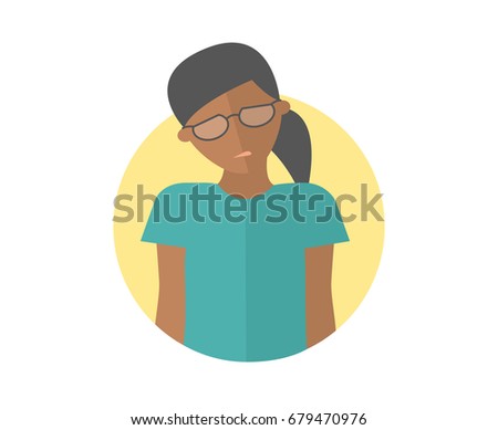 Weak, sad, depressed black girl in glasses. Flat design icon. Pretty woman with feeble depression emotion. Simply editable isolated on white vector sign