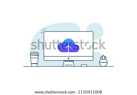 Cloud upload icon on computer screen. Vector illustration in line art style
