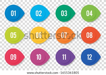 Numbers Bullet Point From 1 To 12 In The Form Of Round Arrows And 3D Effect. Vector Bullet Points For Infographic Design Or Presentation