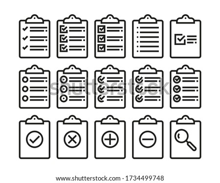 Set of clipboards with check boxes and check marks. Vector outline icons with editable stroke