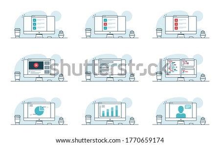 Set of computer concepts. Computer with checklist, online testing, video service, data analysis, programming, online conference, SEO optimization. Vector illustrations in line art style