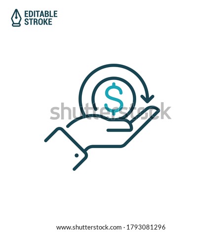 Cashback (cash back) icon. Hand hold coin. Vector outline icon with editable stroke