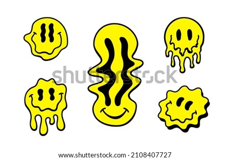 Melting or dripping smiles. Set of psychedelic smiles isolated on white background. Set of vector icons Сток-фото © 