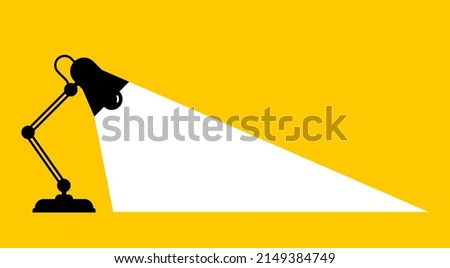 Office desk lamp isolated on yellow background. Black office lamp with white light. Minimalistic banner design. Vector