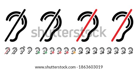Limited hearing. Deafness symbol and audible sign. Hearing loss impairment logo. Flat vector ear pictogram signs. Universal access icon, hard of hearing icons. Assistive listening systems Symbols.
