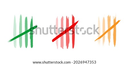 Five black tally counting marks. Cartoon brush stroke lijn pattern. Flat vector. Tally strokes. Lines symbol countings. Green, red, orange lines counting to 5.