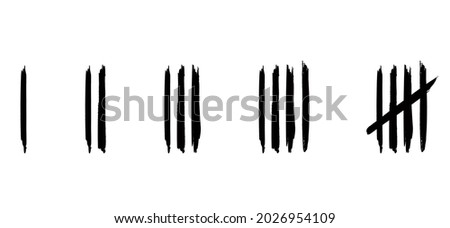 Five black tally counting marks. Cartoon brush stroke lijn pattern. Flat vector. Tally strokes. Lines symbol countings. Green, red, orange lines counting to 5.