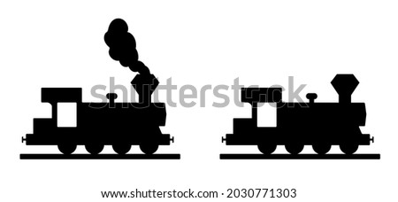 Cartoon old train station. steam train Locomotive with smoke or clouds. Flat vector railway pictogram. Old fashioned icon. Railway station sign