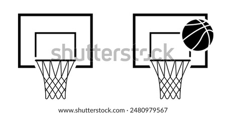 Cartoon basketball hoop or basketball net and board. Game sports concept. Ball sport is a team sport. Flat vector icon. Basket Balls sign leather pattern Foor court games.